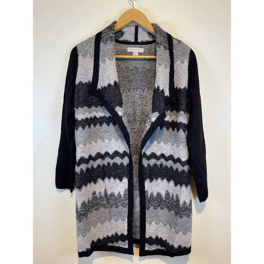 Laura Ashley Woman's Size Small Cardigan Black‎ Gray Aztech Color Block Print